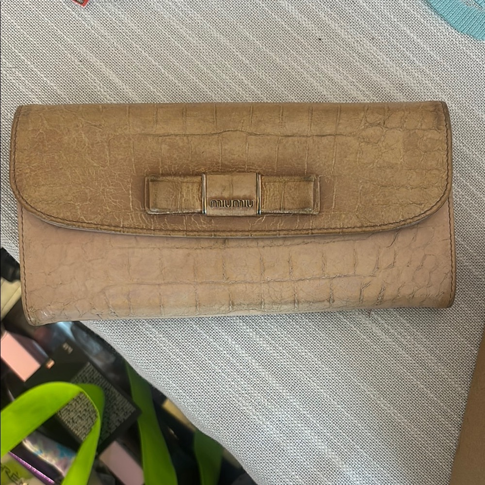 Miu Miu Tan Crocodile-Embossed Clutch